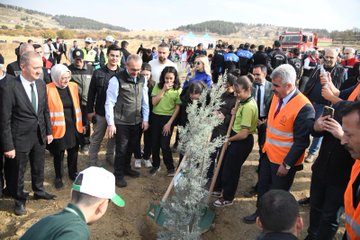 First image shows a large group of adults and children in orange vests and school uniforms gathered around a young pine tree sapling being planted with shovels in a dry hilly landscape with a fire truck in background. Second image depicts a man in vest speaking at a wooden podium with a banner reading Sevdamız Yeşil Vatan and logos including Malatya İl Milli Eğitim Müdürlüğü against mountainous backdrop. Third image captures several girls in green school uniforms and adults including men in suits and vests watering a planted pine sapling using a green watering can in an outdoor setting. Fourth image features multiple men in formal attire and uniforms seated on chairs under a tent with signage for Malatya Orman İşletme Müdürlüğü and Yeşil Vatan banner.