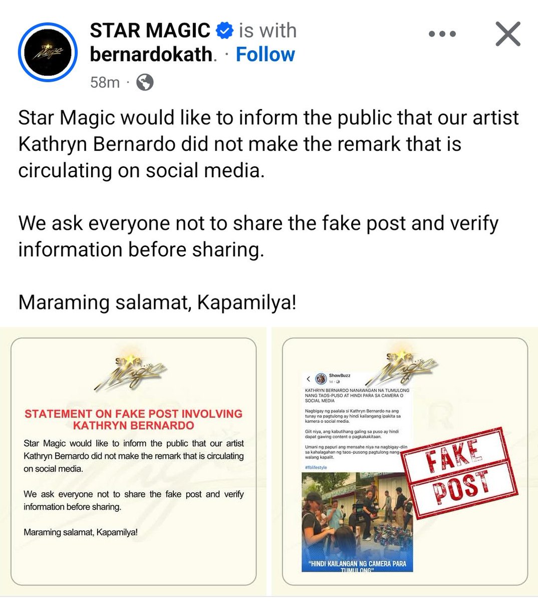 lovedbycasuals's tweet image. THANK YOU, STAR MAGIC! 🤍

"Star Magic would like to inform the public that our artist Kathryn Bernardo did not make the remark that is circulating on social media.

We ask everyone not to share the fake post and verify information before sharing.

Maraming salamat, Kapamilya!"