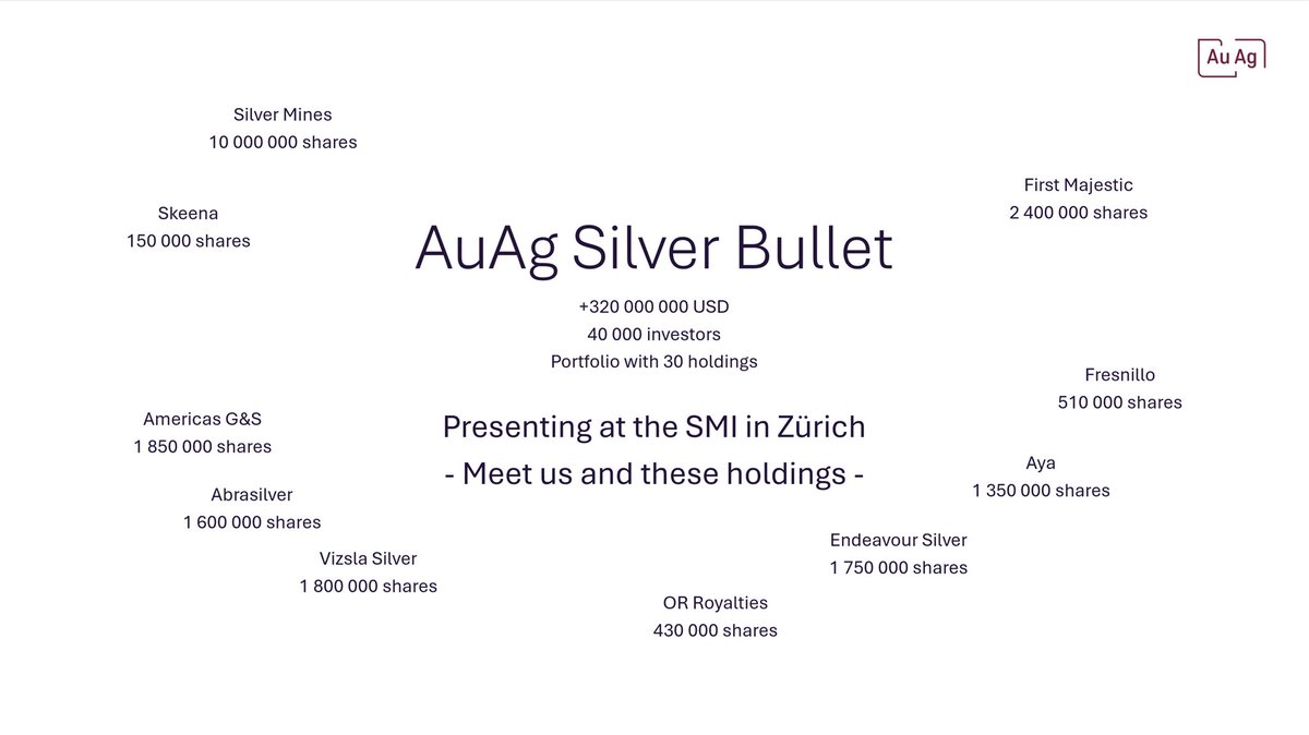 Next week AuAg goes Zürich 🇨🇭🔥🔥
Invited as speaker at SMI - The Silver Panel and also as panel speaker on the great Gala Dinner

We will also meet several companies that we hold in our portfolios. 10 of the 30 companies in AuAg Silver Bullet will be there.

🙏 Swiss Mining