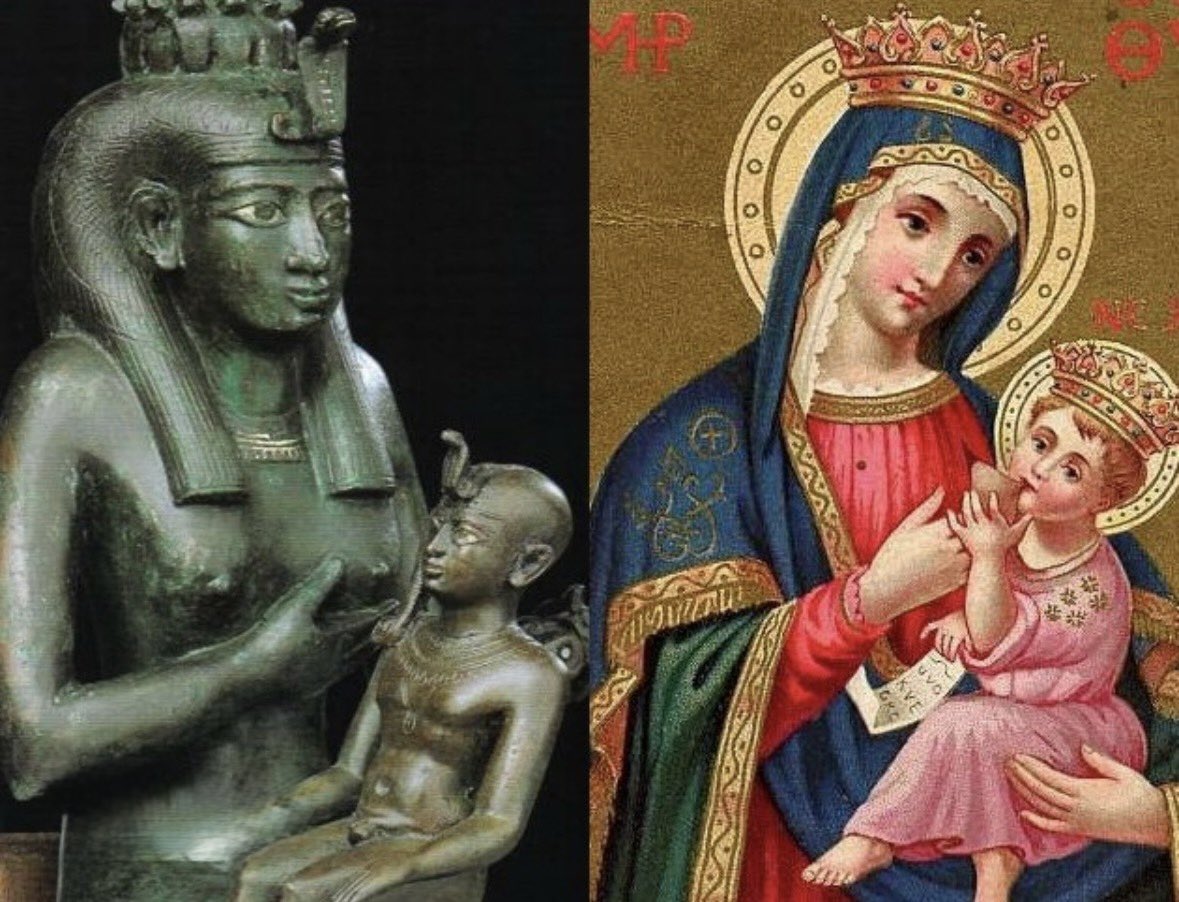 TeologiaD's tweet image. La representación iconográfica de la Virgen María con el Niño Jesús muestra una notable similitud con la iconografía de la diosa Isis sosteniendo a su hijo Horus. Este paralelismo se desarrolla entre los siglos III y V d. C., durante el período de transición del paganismo al