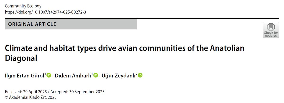 Ilgin_Gurol's tweet photo. Excited to share our new paper in Community Ecology!

Together with @didemambarli and Dr. Uğur Zeydanlı we show how climate and habitat types drive avian communities of the Anatolian Diagonal.

https://t.co/T5KgbyZnHj
Full: https://t.co/cWDhHr2PQO https://t.co/Gxdr6xvo2I