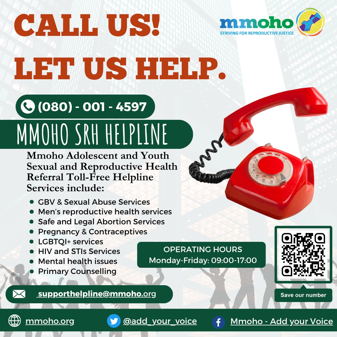 add_your_voice's tweet image. Do you have questions about your sexual and reproductive health? The mmoho Sexual and Reproductive Health Helpline is here for you!

Call us on 080 001 4597, Monday-Friday from 09:00-17:00. We&apos;ll help you locate an SRH service and facility near you.

#MmohoHelpline #AddYourVoice
