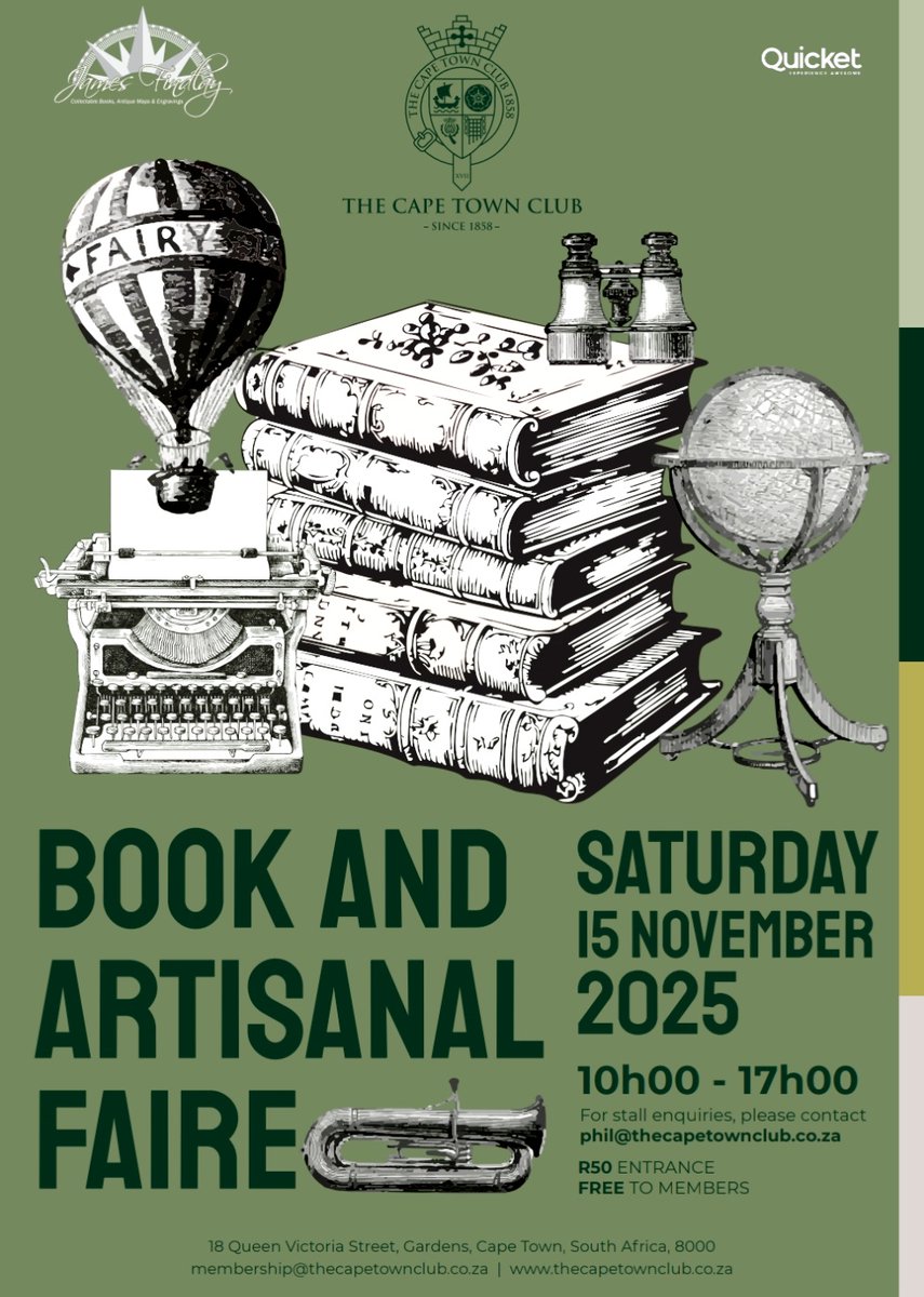 Join me this Sat, 15 Nov at the Book &amp; Artisanal Faire at Cape Town Club (opposite Company Gardens) for #Christmas shopping! #presents
quicket.co.za/events/293316-…