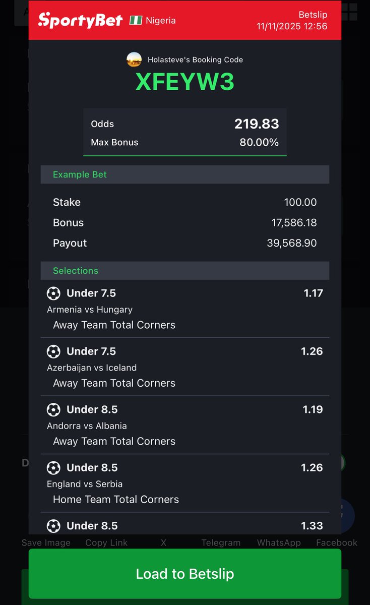 #Sportybet 13th - 15th ⚽️ 

LEA903 🫴1,283 odds
XFEYW3 🫴219 odds 

Edit

N9BCNM 🫴110 odds
UJX0XA 🫴66 odds 
X0RL98 🫴41.52 odds

#Un Team corner 

#Edit &amp; Win 🏆🙏

#Retweet 🙏

<a href="/mrbayoa1/">Mr Bayo</a> <a href="/iamBigChops/">Big Chops</a> <a href="/bossolamilekan1/">Bossolamilekan</a> <a href="/BerryYNWA1/">ᴮᴱᴿᴿᵞ🍀</a> <a href="/Davidspredict/">KING DAVID BEST</a> <a href="/ImoPunter/">BIG IMO🤴🏽🇨🇦</a> <a href="/BETFUSE1/">BETFUSE</a> <a href="/MOE__BOY/">Mayor Of Ekiti Converter✨</a>