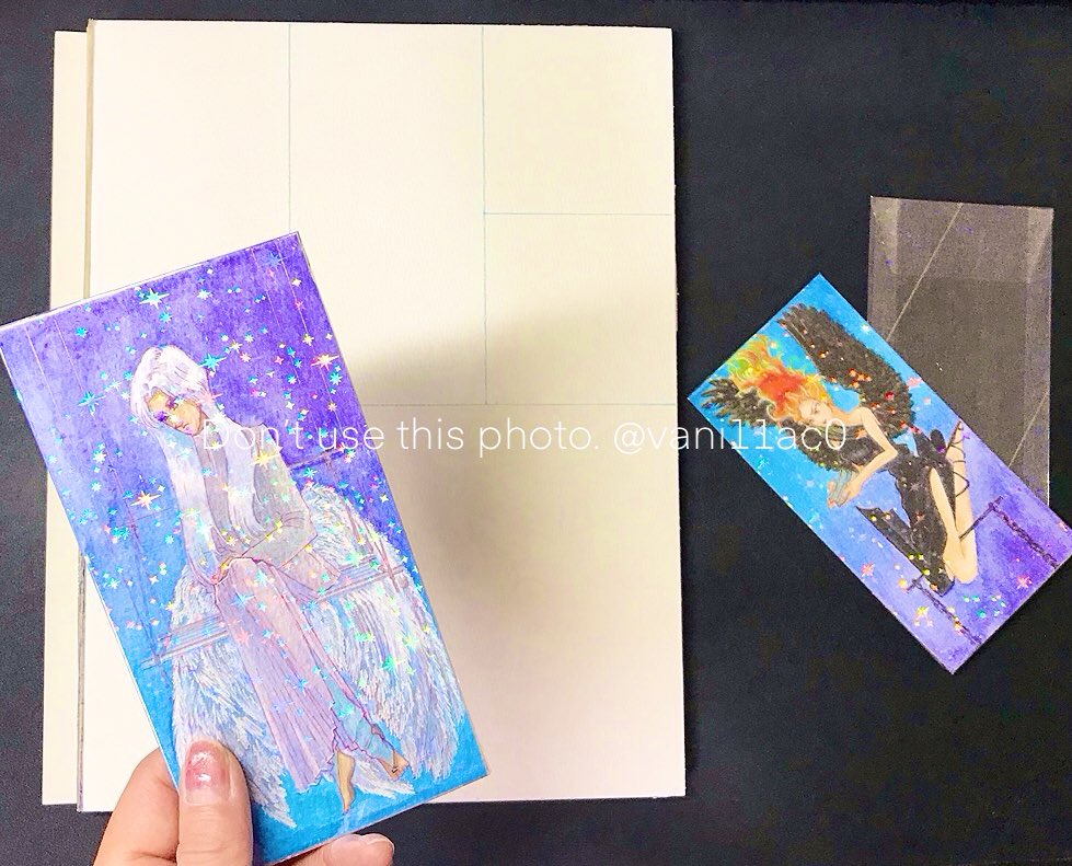 #アナログはいいぞ #oc

Ohuhuさんの水彩紙ブロック　一枚が厚い　紙一枚につき約15.2mm✖️7.6mmのカード6枚できる　さらに半分に切ると約7.6mm✖️7.6mmが12枚できる