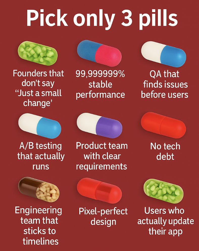 AnupamSingh0211's tweet image. Kicking off a new series called “3 Pills” 💊

My attempt at tech humor after years of watching app teams fight impossible trade-offs.

Episode 1: The App Team Starter Pack

Pick your 3 👇

#AppDev #TechHumor #ProductManagement