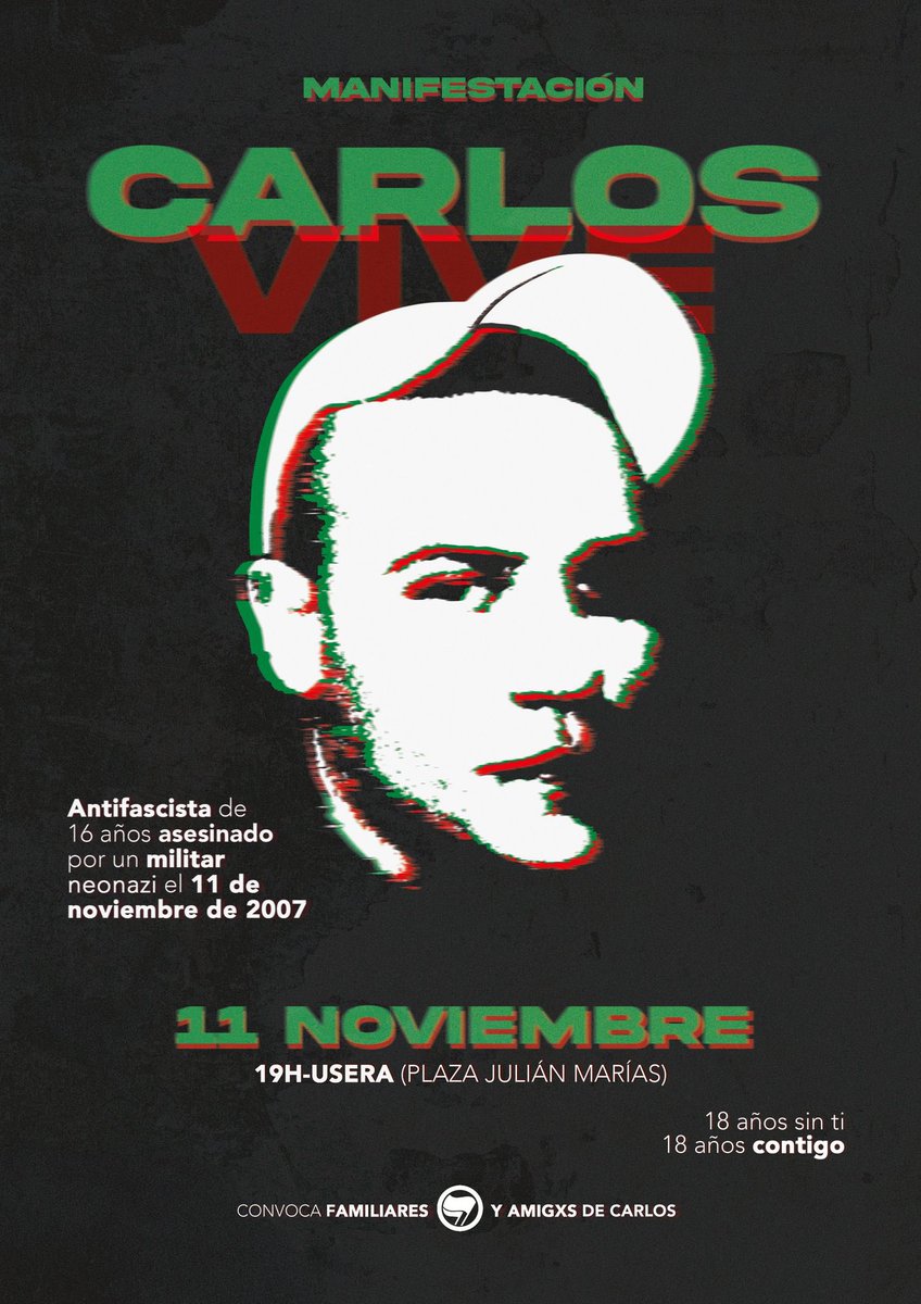 SindicaEstudian's tweet photo. Hoy se cumplen 18 años del asesinato de Carlos Palomino. Carlos era un joven de 16 años que el 11 de noviembre de 2007 salió a manifestarse contra una convocatoria racista de Democracia Nacional y fue apuñalado por un militar neonazi.

El mejor homenaje, continuar la lucha. https://t.co/lQuLOW9Efk