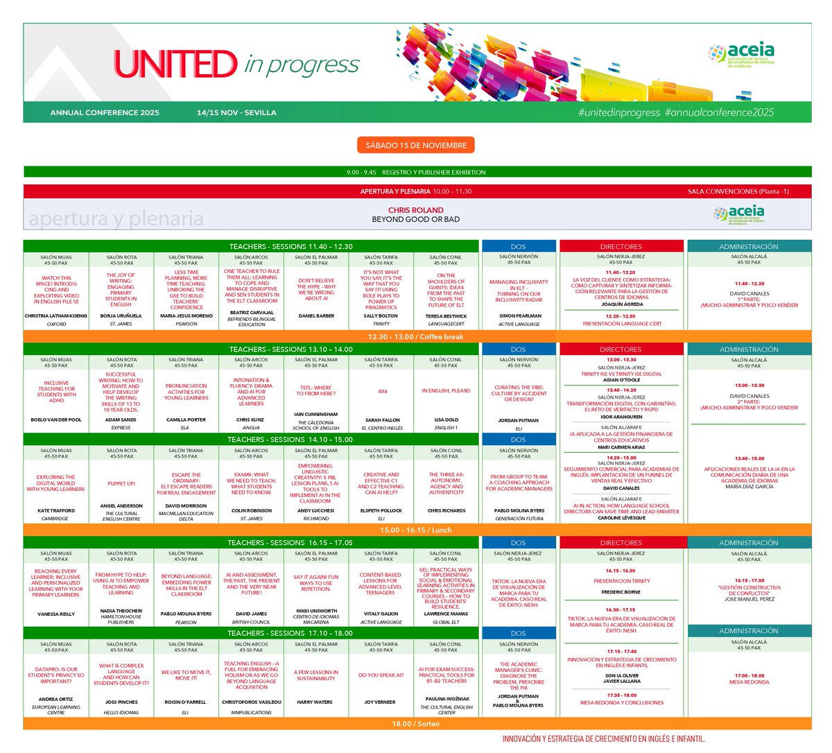 #AceiaConference25 #unitedinprogress #LastCall

Hello!!! 👋👋ATENCIÓN, ATENCIÓN. Se acerca el día.... 3⃣2⃣1⃣ TIC TAC

➡ 1 Plenario, con CHRIS ROLAND.
➡ 40 sesiones Teachers.
➡ 10 sesiones Dirección.
➡ 5 sesiones DOS.
➡ 4 sesiones Administración.

🛑 aceia.es/aceia-conferen…