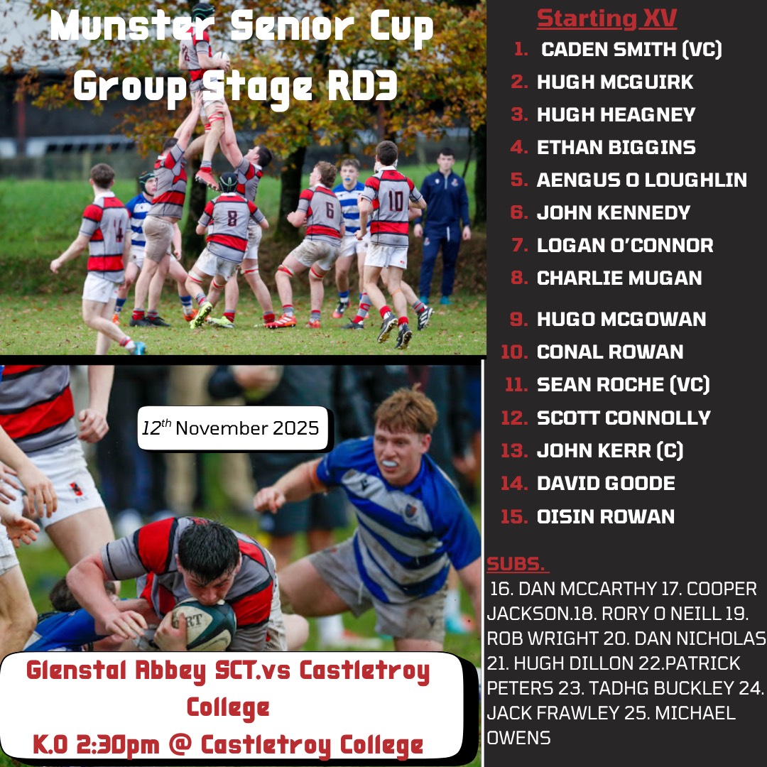 GlenstalSchool's tweet photo. 🏉 Team announcement for the SCT away match v Castletroy College. KO tomorrow 2.30pm. Best of luck boys! 💪🔴⚪#glenstalabbeyschool https://t.co/ihZiyQAtZA