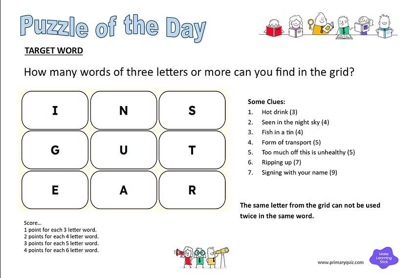 PrimaryQuiz's tweet image. How many words of three letters or more can you find in the grid?

🔗 primaryquiz.com 

#letters #puzzles #puzzleaday #wordgames