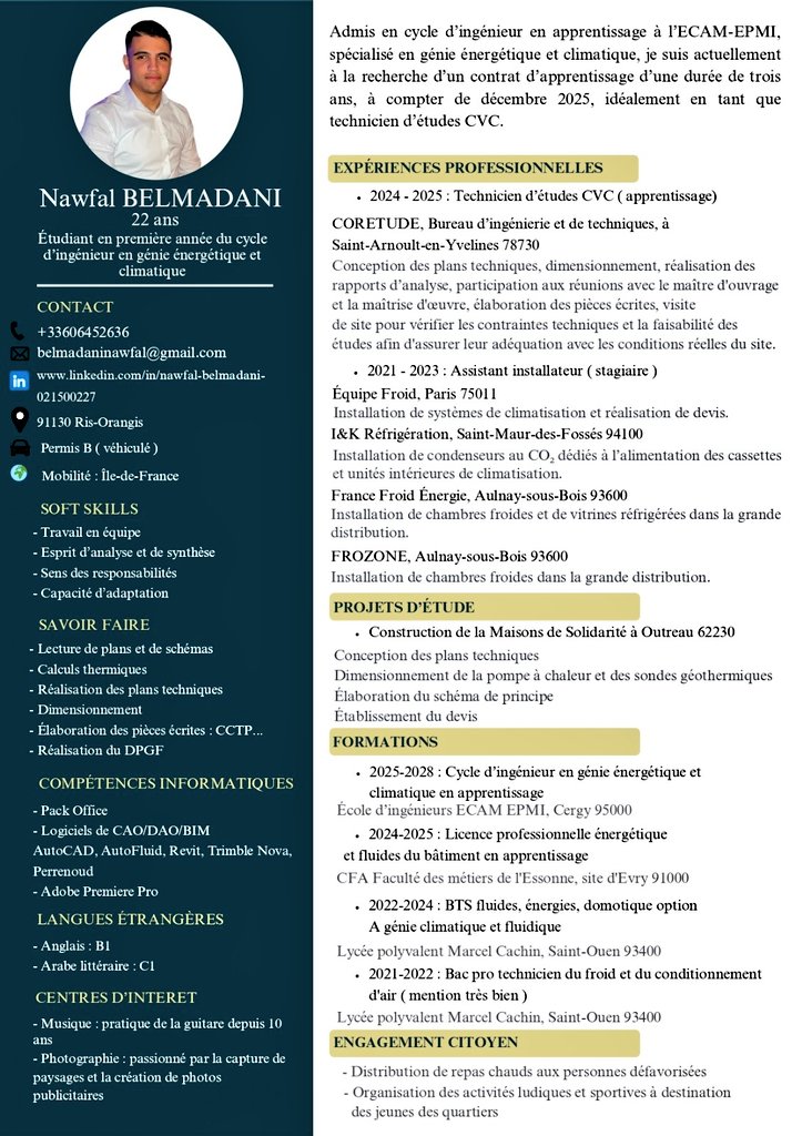 Nawfel, élève ingénieur, recherche un contrat d'apprentissage 
- secteur énergétique et climatique 
- disponible en décembre.
- mobilité Île-de-France.
Nawfel est un élève courageux et travailleur.
Un ❤️ 🔄 ne coûte rien. Merci.
#1jeune1solution 
#1jeune1mentor