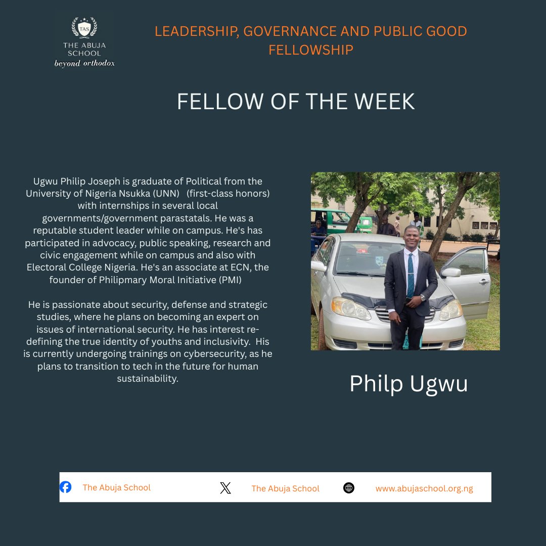 TheAbujaSchool's tweet photo. Our Fellow of the week is Philip Ugwu

We celebrate your doggedness and your achievements so far.
Keep being amazing,
The Abuja School celebrates you

#leadership #abujaschool #fellowoftheweek #Trending https://t.co/Mzwb3mCp2J