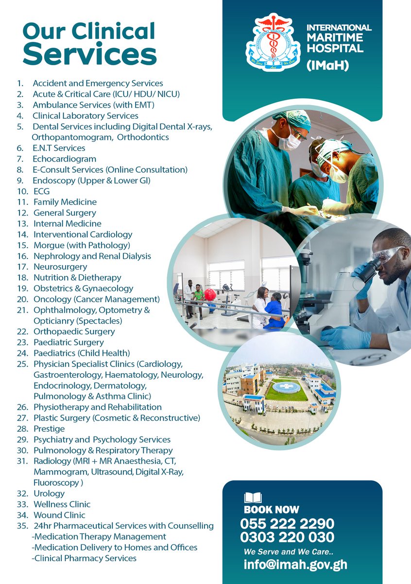 IMaHGhana's tweet image. International Maritime Hospital (IMaH), your healthcare provider of choice! Connect with us today for all your medical care needs...

#tophospitalsintema #StrokeManagement #plasticsurgery #renaldialysis #emergencyservices