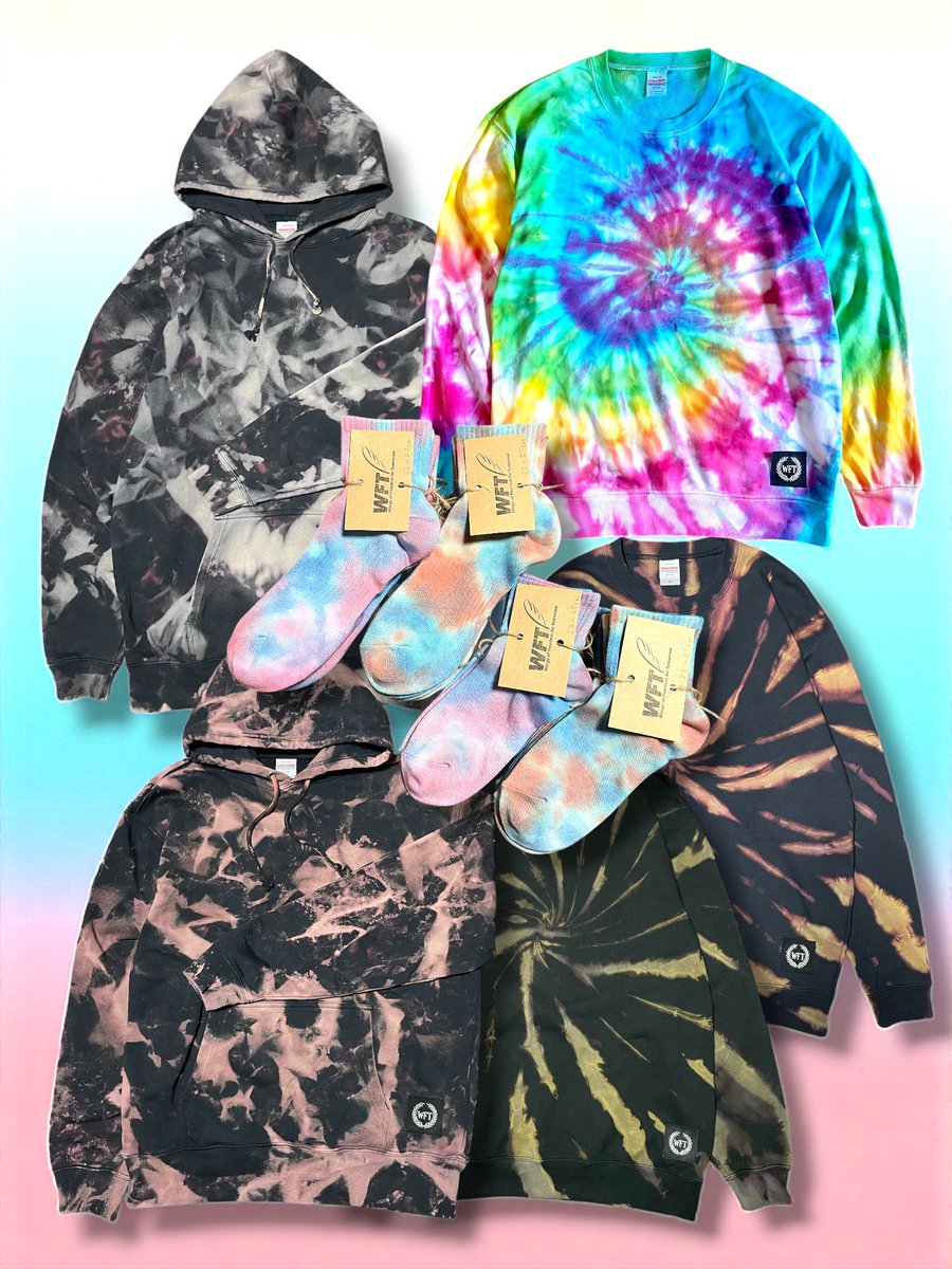 WFT_official__'s tweet image. 秋冬タイダイアイテムが揃いました🍁🍂

どれもが唯一無二。1枚1枚表情の違うタイダイは染め工程も楽しいです。今回は明るいカラーも取り入れ華やかなライナップとなっております。

 #WFT #タイダイ染め #tiedye #icedye