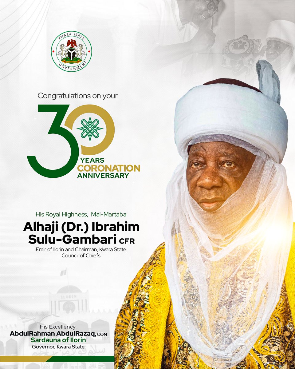 GOVERNOR ABDULRAZAQ CELEBRATES EMIR OF ILORIN’S 30 YEARS OF TRANSFORMATIVE, PEACEFUL LEADERSHIP 

Kwara State Governor <a href="/RealAARahman/">Abdulrahman Abdulrazaq</a> heartily rejoices with the Emir of Ilorin and Chairman of the Kwara State Council of Chiefs Dr. Ibrahim Sulu-Gambari, CFR, on the 30th anniversary