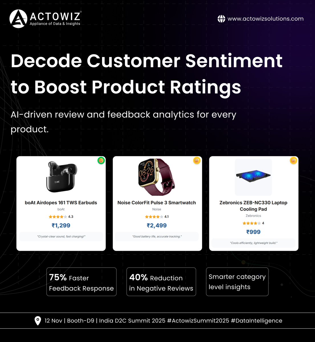 actowizsolution's tweet image. Decode what customers really feel. Actowiz’s AI-powered Sentiment Intelligence turns scattered reviews into insights that boost ratings and product performance.

📍 Visit us at Booth D9, #IndiaD2CSummit 2025.

#ActowizSolutions #SentimentAnalytics #CustomerInsights #D2CData