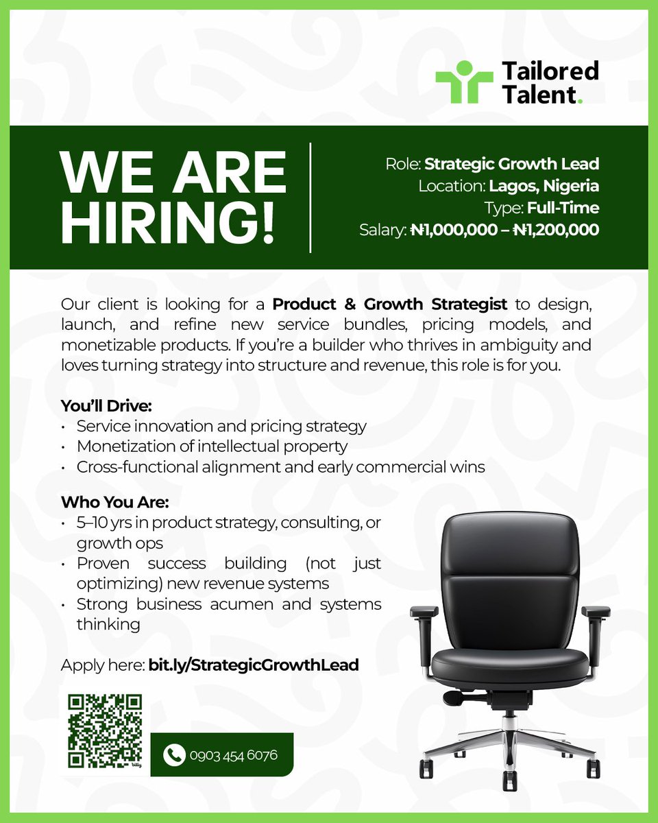 _tailoredtalent's tweet photo. Strategic Growth Lead Wanted in Lagos.

Turn ideas into revenue, build new systems, and drive results. If you thrive in fast-paced, high-impact roles, this is for you.

💰 NGN 1M–1.2M | Full-time

Apply: https://t.co/M4ZZO7L005

#CareerGrowth #StrategyJobs #TailoredTalent #Hiring https://t.co/6Sfl70Tsr3