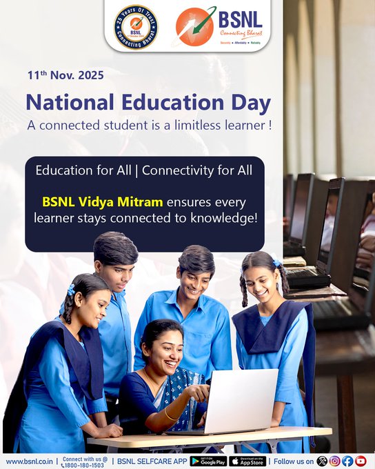 cgm_mh_bsnl's tweet photo. #Education opens minds, and connectivity opens doors. 

On this National Education Day, #BSNL Vidya Mitram connects students across India to a world of learning and opportunities. 
 
Click here to know more - https://t.co/o2qoFkVmen #NationalEducationDay #VidyaMitram https://t.co/3XvjghDsZ6