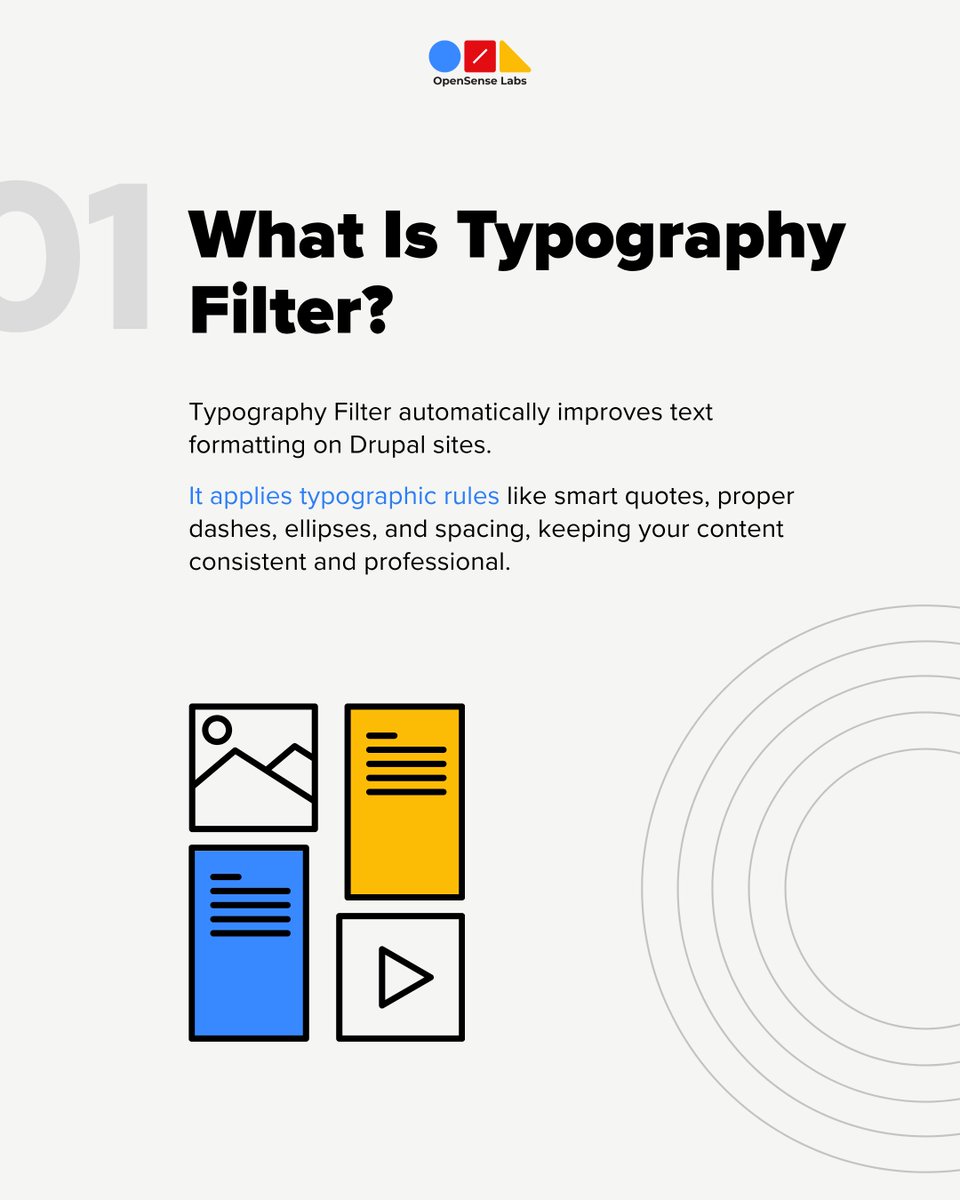 OpenSenseLabs's tweet image. Small details like quotes or dashes can make text look cleaner and more professional. 🤔

That’s what the Typography Filter does for Drupal. The new 2.0.0 release gives developers more control for consistent, readable typography across sites.

#drupalmodule #OpenSource #webdev