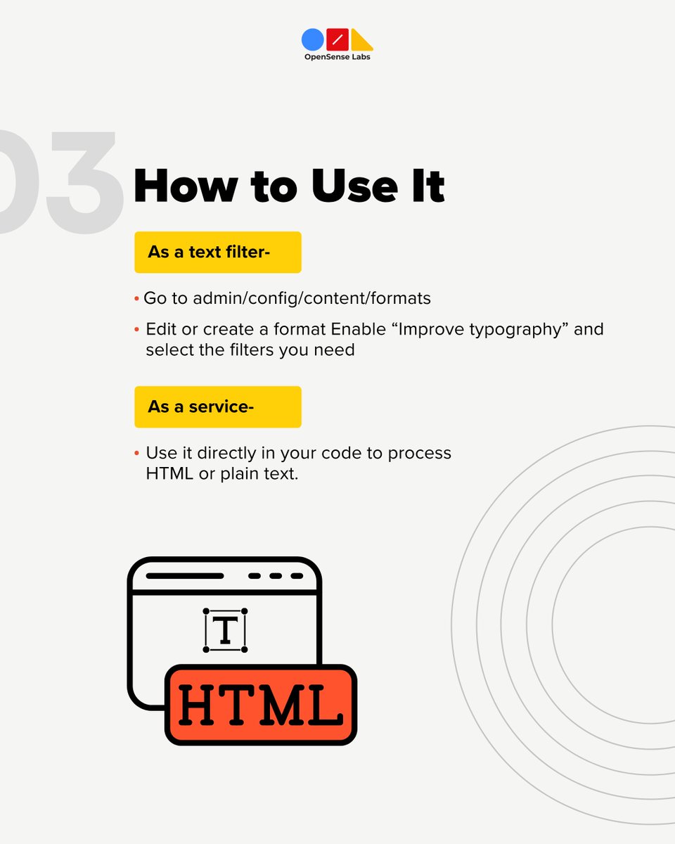 OpenSenseLabs's tweet image. Small details like quotes or dashes can make text look cleaner and more professional. 🤔

That’s what the Typography Filter does for Drupal. The new 2.0.0 release gives developers more control for consistent, readable typography across sites.

#drupalmodule #OpenSource #webdev