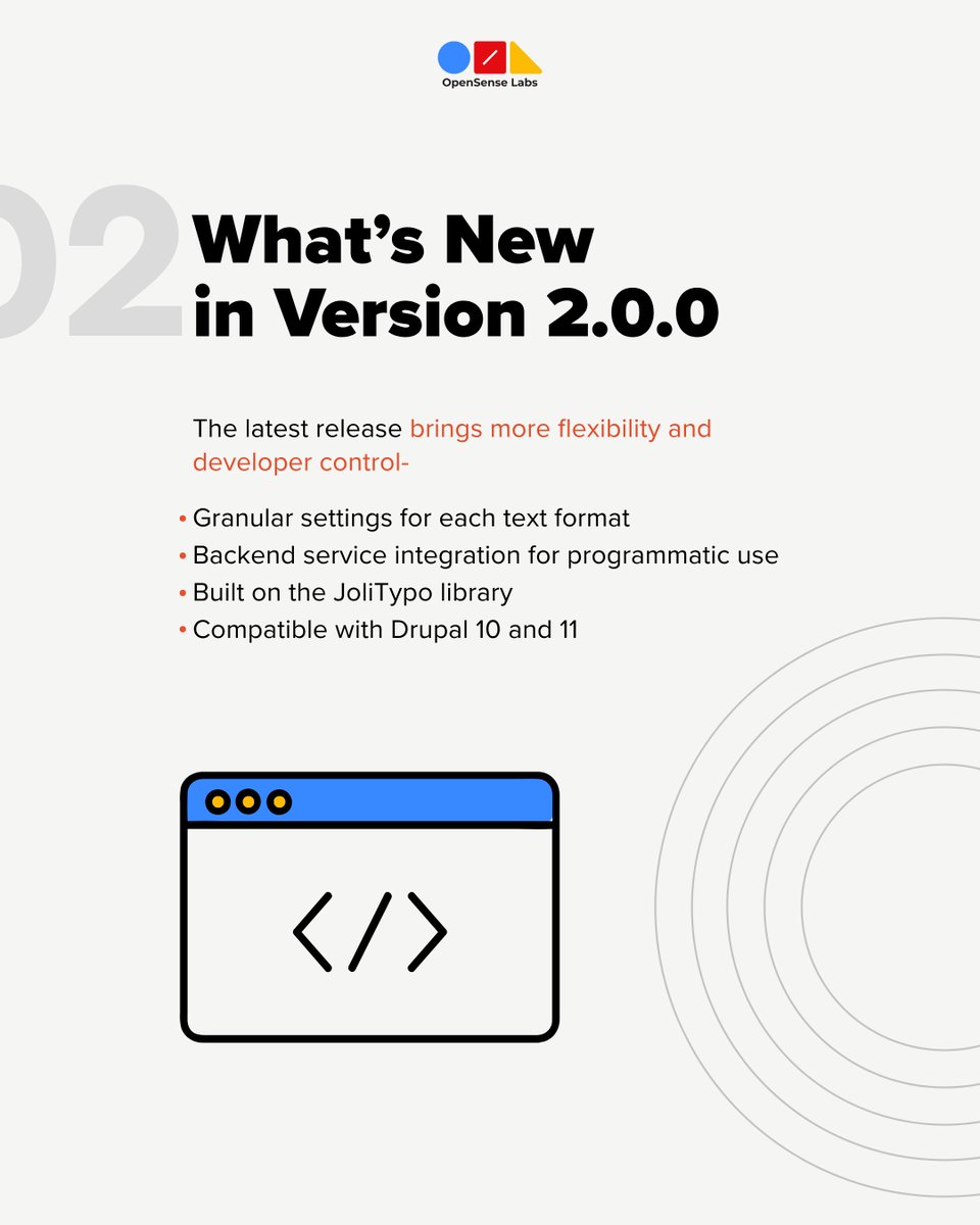 OpenSenseLabs's tweet image. Small details like quotes or dashes can make text look cleaner and more professional. 🤔

That’s what the Typography Filter does for Drupal. The new 2.0.0 release gives developers more control for consistent, readable typography across sites.

#drupalmodule #OpenSource #webdev