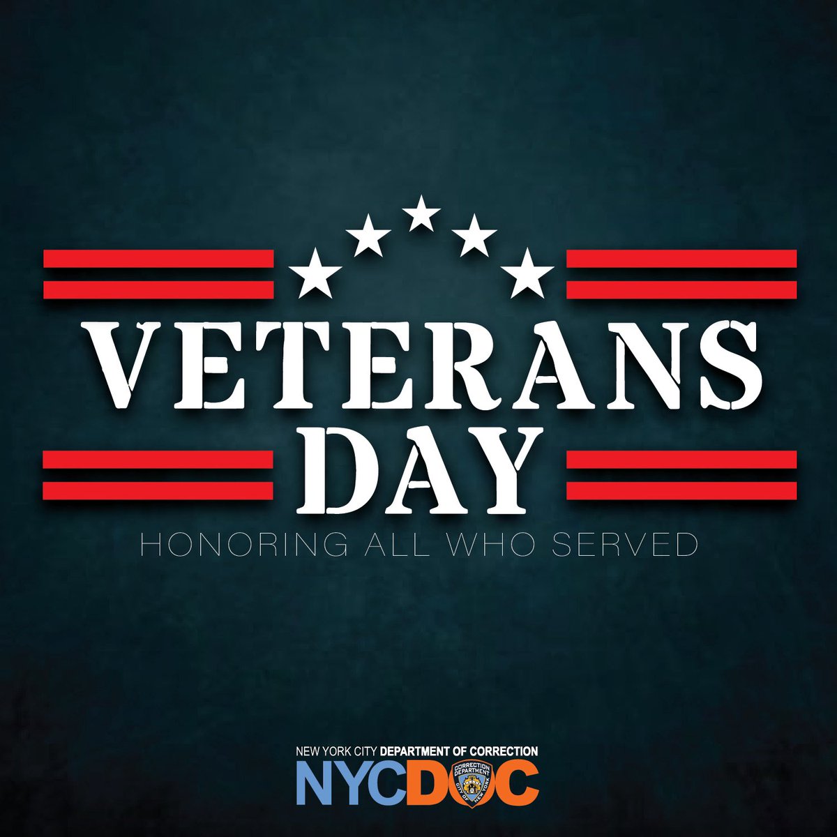 The New York City Department of Correction joins millions around the country today in honoring our military heroes for their unwavering dedication. Read more at bit.ly/47FYhYo. #VeteransDay2025