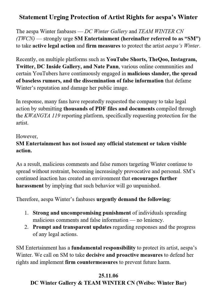 chroash's tweet image. WE NEED ACTION

We demand that SM Entertainment protect aespa Winter&apos;s rights &amp;amp; take strong action through legal measures.

SM엔터테인먼트에 에스파 윈터의 권익보호 및 법적 조치를 통한 강경대응을 촉구합니다.

@aespa_official @SMTOWNGLOBAL
#SM_Protect_WINTER 
#SM_아티스트_보호촉구