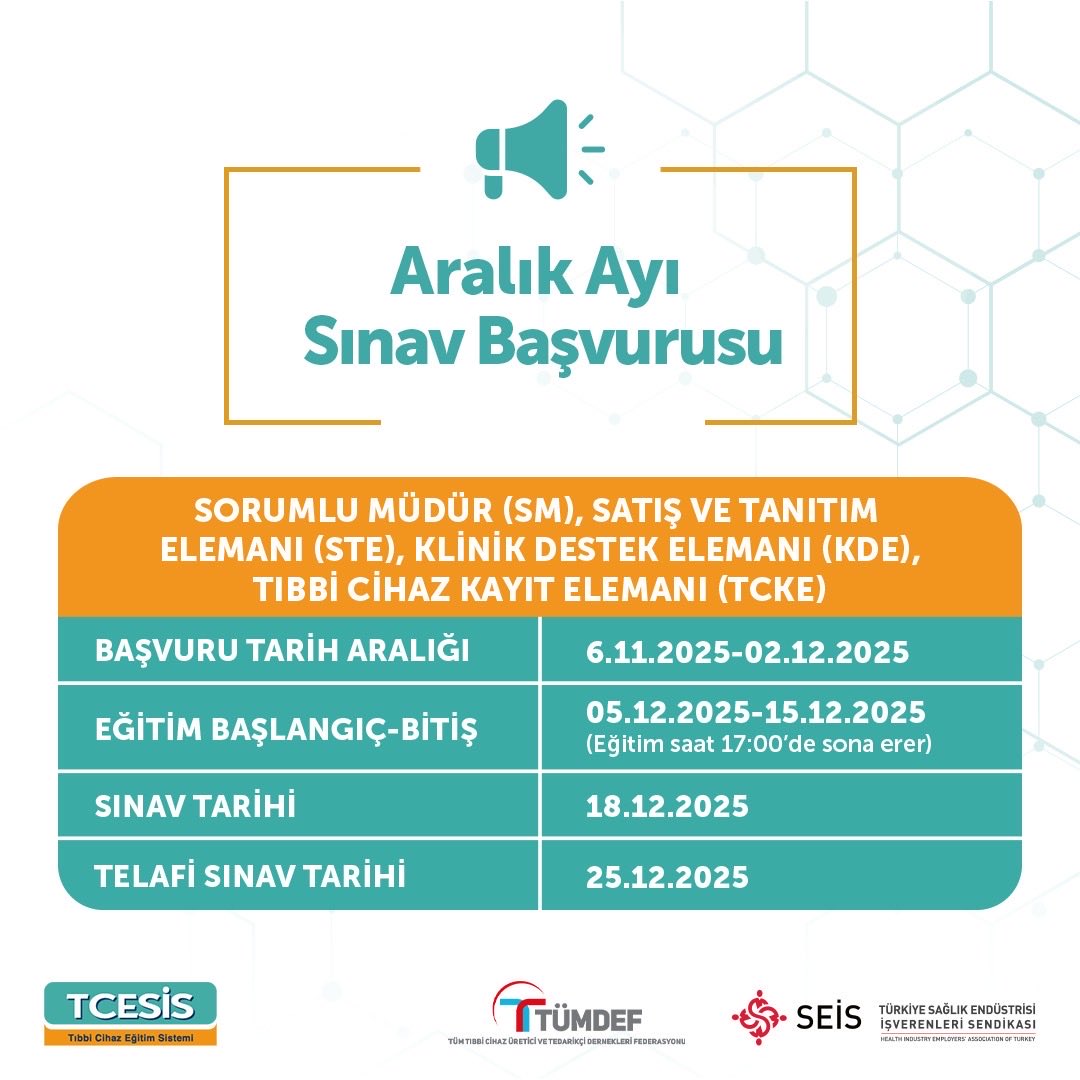 18 Aralık 2025 Tarihli Sorumlu Müdür (SM), Satış ve Tanıtım Elemanı (STE), Klinik Destek Elemanı (KDE), Tıbbi Cihaz Kayıt Elemanı (TCKE) Sınav Duyurusudur.

Başvuru işlemlerine ilişkin detaylı bilgi için:
l24.im/JcGVHdY
<a href="/kyz841/">Kemal Yaz</a>
<a href="/Massiad/">Massiad</a> <a href="/egemedikalder/">Ege Tıbbi Cihaz Üretici ve Tedarikçileri Derneği</a> <a href="/DernegiOrder/">ORDER DERNEĞİ</a>