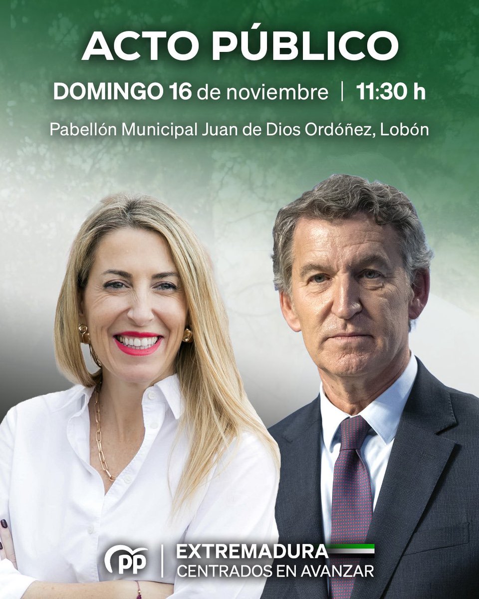 📍Este domingo, en Lobón.

La presidenta <a href="/MGuardiolaM/">María Guardiola</a> y <a href="/NunezFeijoo/">Alberto Núñez Feijóo</a> participarán en un acto público a partir de las 11:30h.

Extremadura tiene futuro y lo estamos construyendo entre todos. ¡Te esperamos! 💙