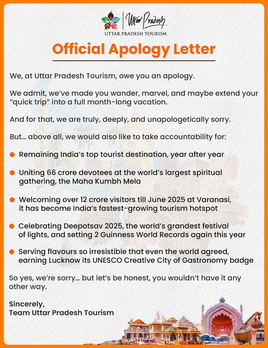 uptourismgov's tweet image. Sorry for making your travels longer, your cravings stronger, and your memories deeper!
We’ll keep doing that! 

#KeepExploring #WanderWithUs #MakingMemories #TravelMoreFeelMore #JourneyBeyond #ExploreUP #TravelDiaries #TravelThatStays #UnforgettableJourneys #BeyondDestinations…