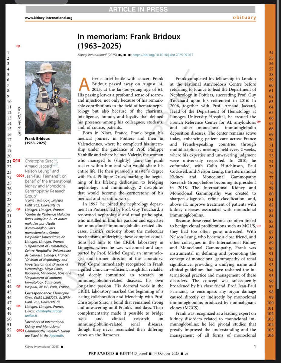 In memoriam of Frank Bridoux. Leading expert of immunoglobulins related-kidney disorders. kidney-international.org/article/S0085-…