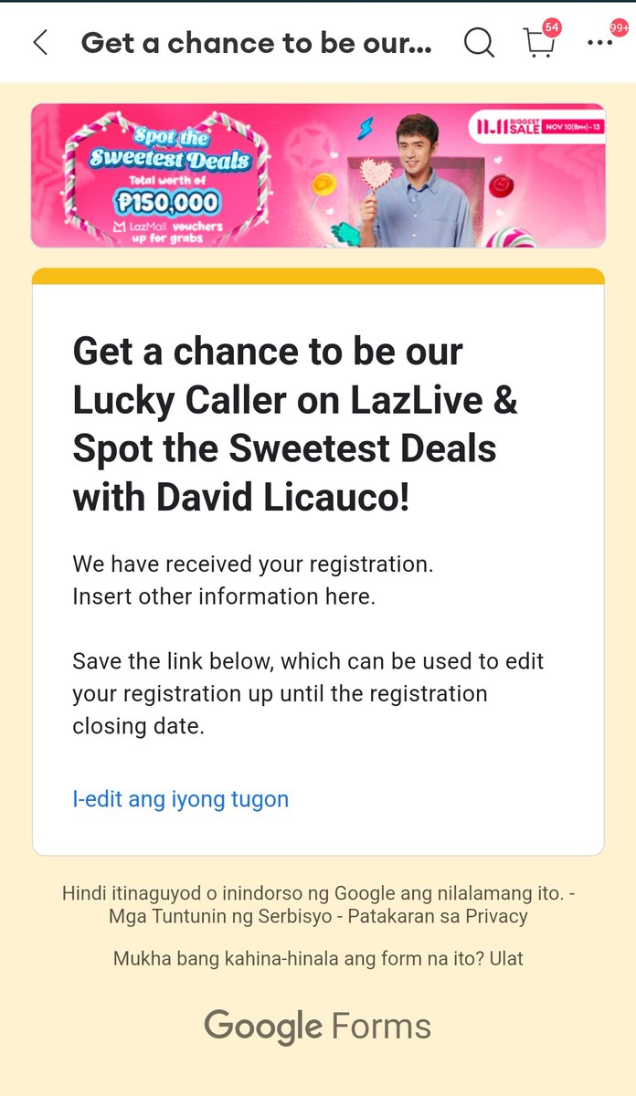5 mins na lang. Sign up na at baka matawagan ka pa ng crush mo!

Click the link, then click on "Submit your entry here"
lzd.co/SpotTheSweetes…

David On LazLive1111 
#LazadaPH #Lazada1111
#DavidLicauco | David Licauco
<a href="/davidlicauco/">David Licauco</a> <a href="/LazadaPH/">Lazada Philippines</a>