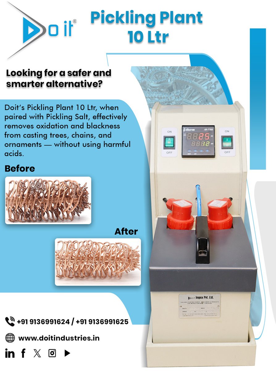 Doit_Industries's tweet image. Shine without the harsh acids!

The Doit Pickling Plant 10 Ltr ensures safe, bright, and eco-friendly jewellery cleaning — every time. 

call now - 9136991625

#DoitIndustries #PicklingPlant #JewelleryTech #EcoFriendly #JewelleryInnovation #SmartCleaning