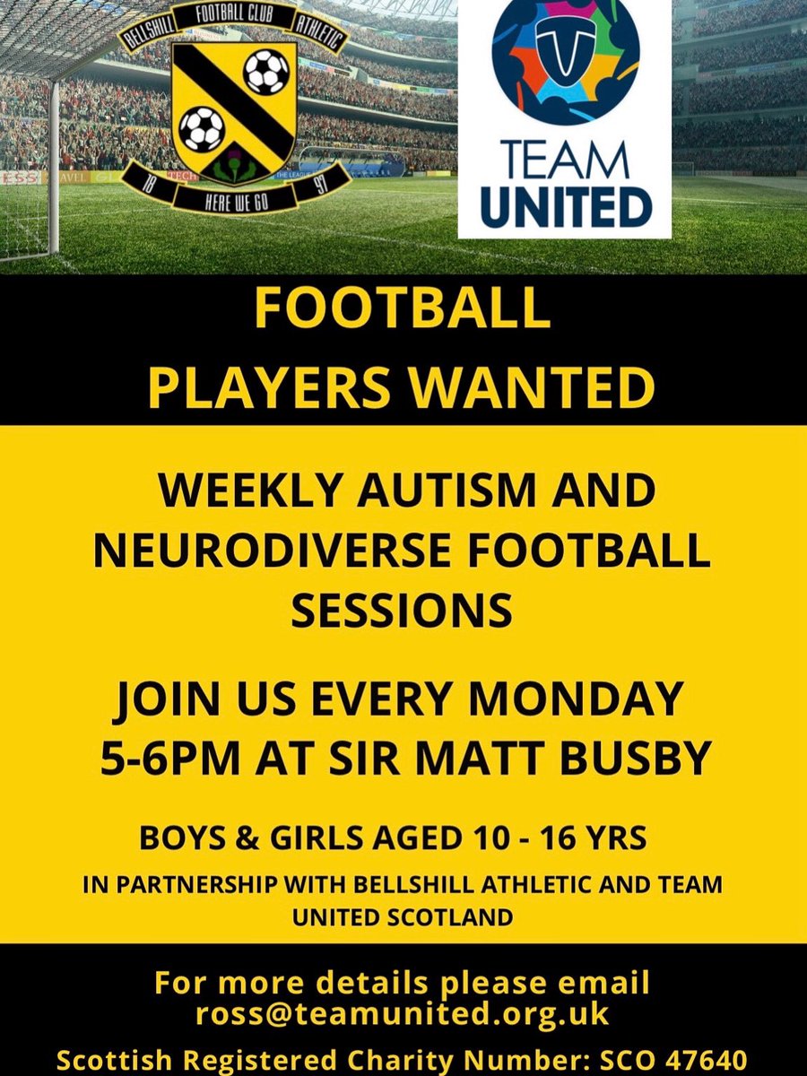 TeamUnitedSco's tweet photo. Our brand new session in partnership with Bellshill Athletic is now up and running 🟡⚫️

📍Sir Matt Busby Bellshill

⏰ 5-6pm

👦👧Boys &amp; Girls aged 10-16

Get in touch to secure a place: ross@teamunited.org.uk https://t.co/FqPXw3Ylec