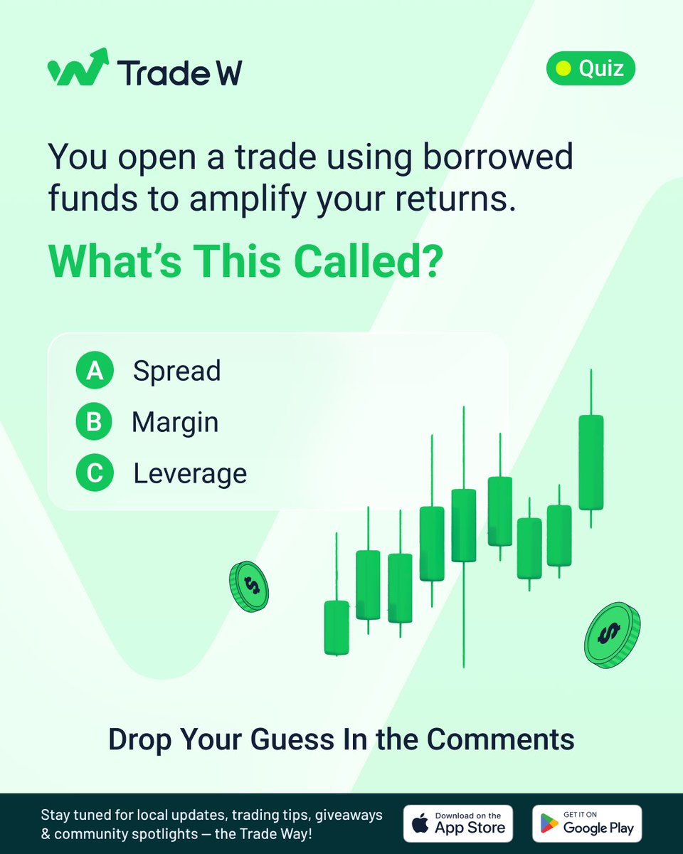 TradeW_Global's tweet image. Think you know your trading lingo? Drop your guess 👇
Hint: It’s what helps you multiply potential profits (but also risk). 👀

We’ll reveal the answer tomorrow. Let’s see who gets it right! 💪

#StepInStackUp #TradeWGlobal #TradingCommunity #LearnToTrade #SmartTrading…