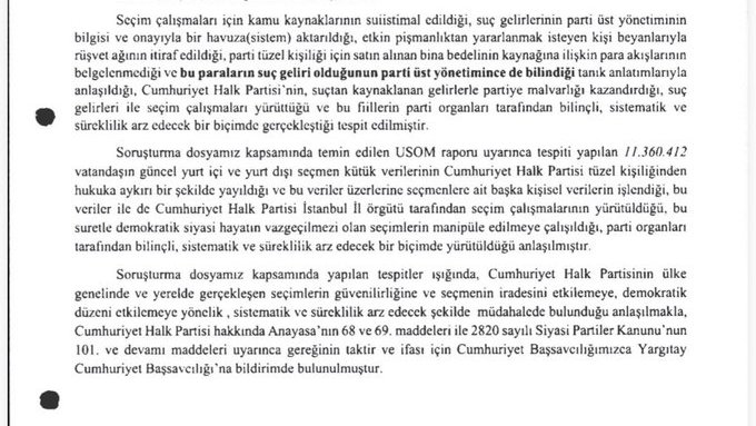 SON DAKİKA | İstanbul Cumhuriyet Başsavcılığı, CHP'ye kapatma davası gerektirebilecek hususlar hakkında Yargıtay Cumhuriyet Başsavcılığı'na bildirimde bulundu.