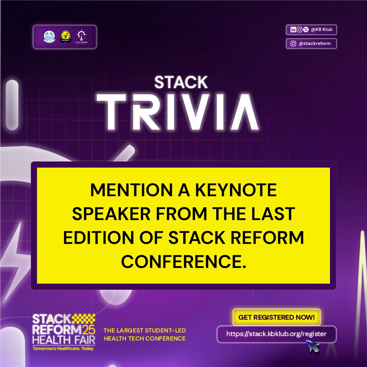 KBKLUB's tweet image. How well do you know STACK?

Test your knowledge on all things STACK REFORM with our trivia question!

Comment your answer below 👇 

Tag a friend to get them involved too!

Register now: stack.kbklub.org/register

#stackreform #stack #healthtech