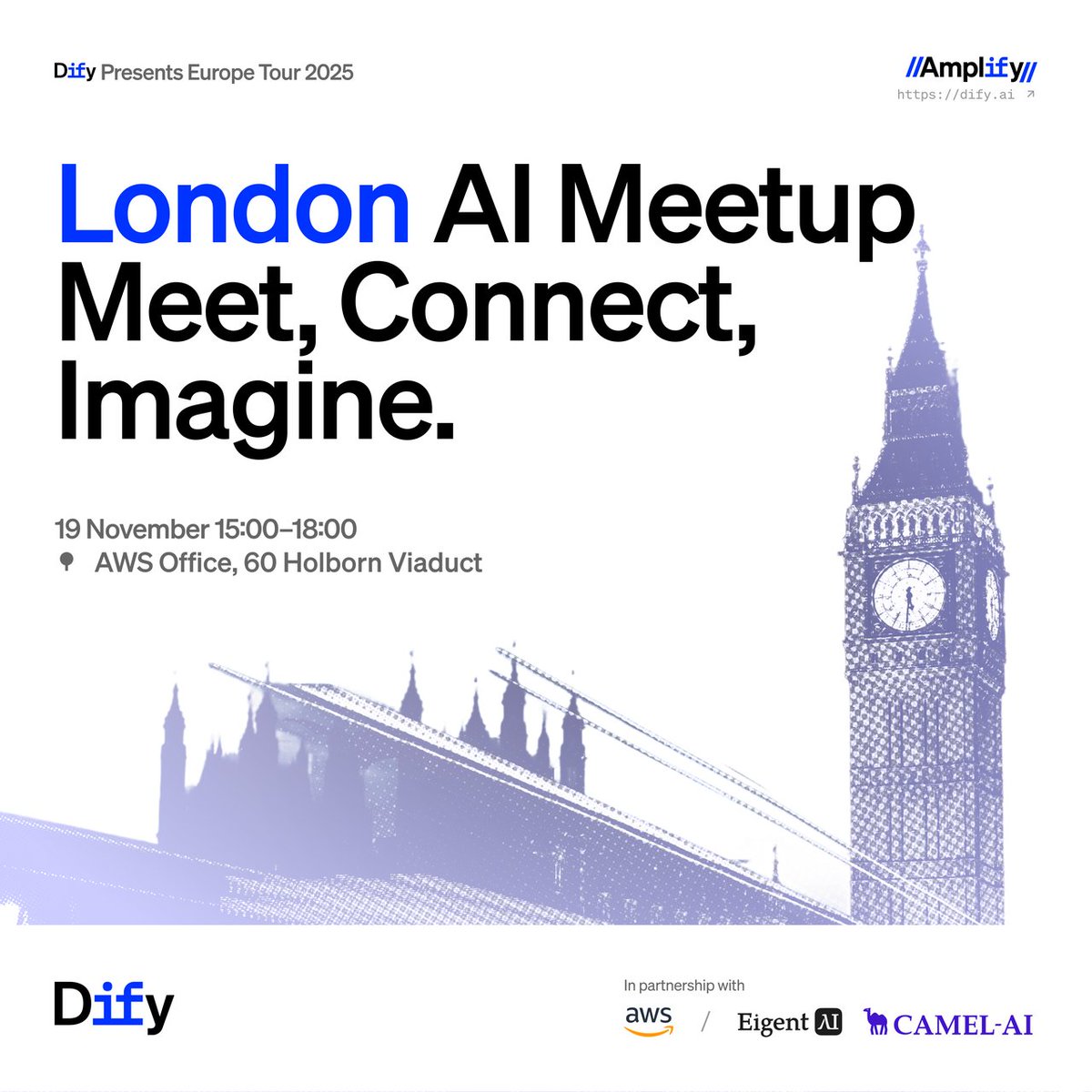 dify_ai's tweet image. We’re excited to debut our 2025 European Tour, starting right here in London! 🇬🇧

Together with @CamelAIOrg  and @awscloud , we’ll explore how AI Agents are reshaping the way we build and create. Dify will share how to bring agent capabilities into everyday life, while Camel AI…