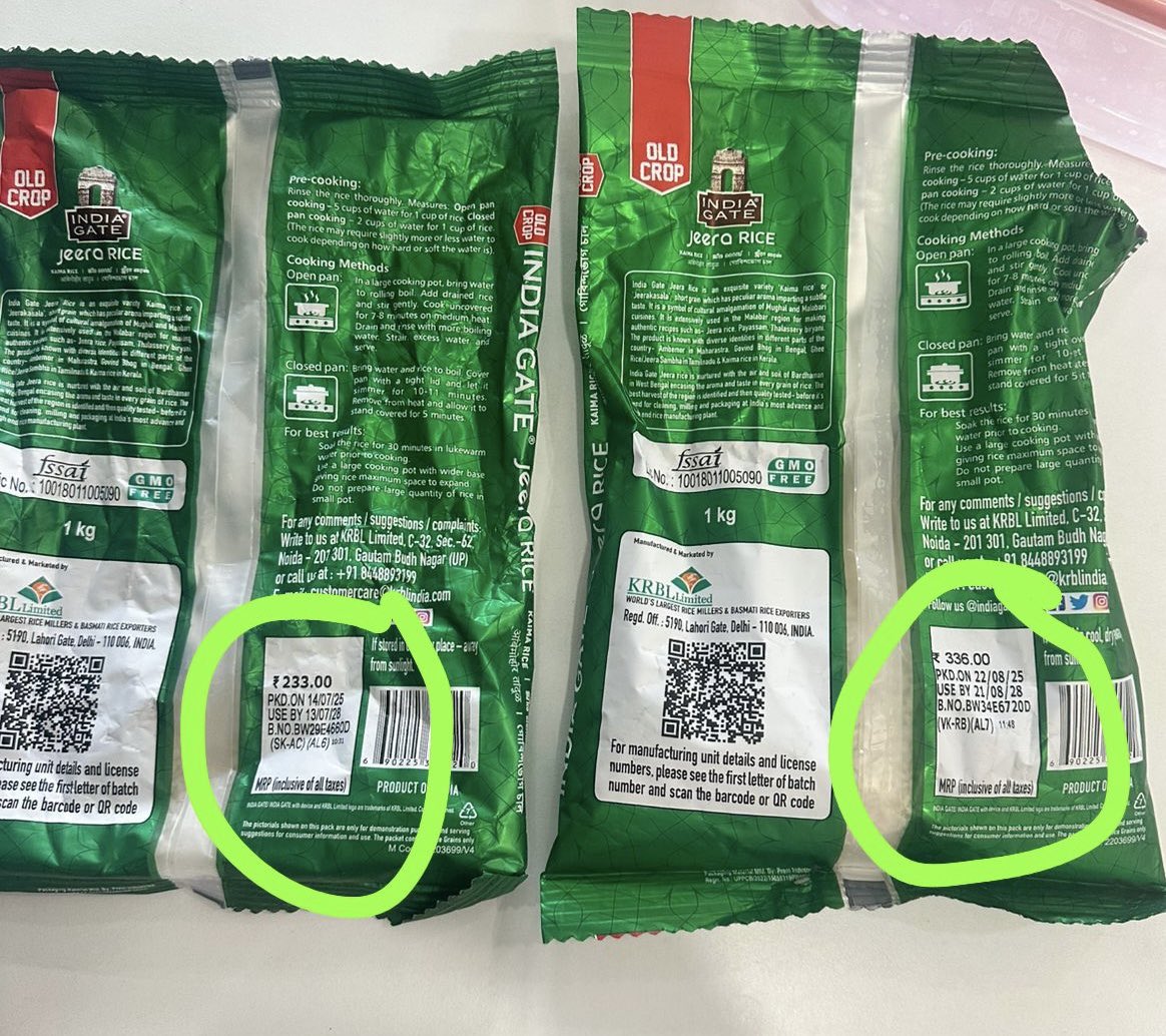 Urbanfolklore_'s tweet photo. 📦 Same product, same brand, same 1 kg pack.
💰 Price on 14 Jul: ₹233
💰 Price on 28 Aug: ₹336

That’s a ₹103 jump in just two weeks for Jeera Rice!
#Inflation #IndiaGate #FoodPrices
@IndiaGateFoods https://t.co/KQtIVOPGsc