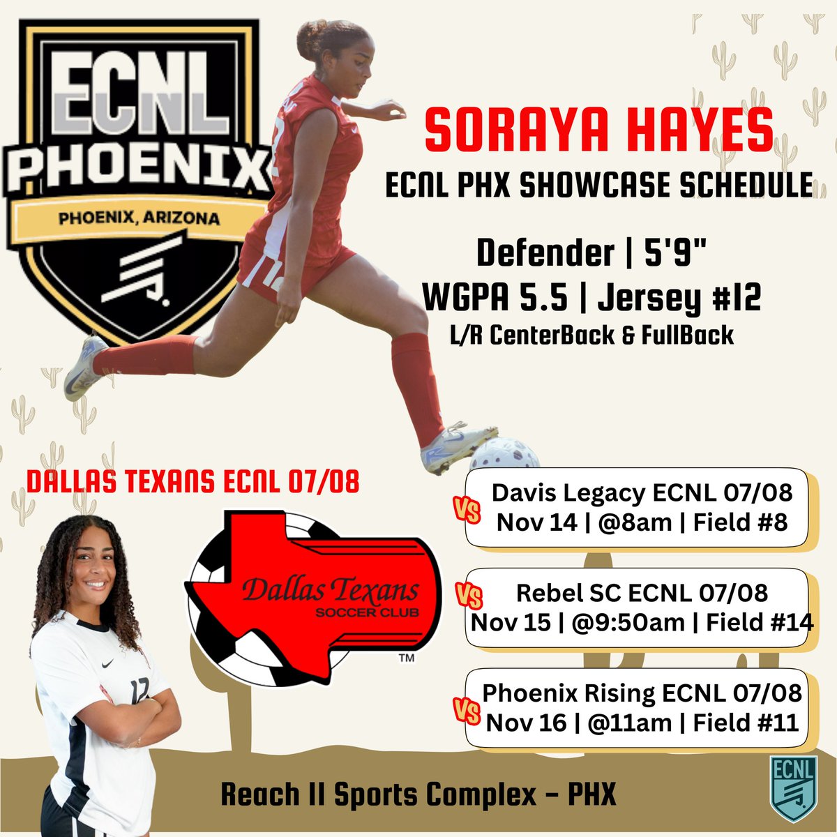 🌵🛫ECNL PHOENIX SHOWCASE 

I’m excited to play for coaches! 
👀 Come watch me &amp; my team this weekend♥️ 

#strongerasone #uncommitted2026 

@texans0708ecnlg @dallastexanssc
@g2collegesoccer <a href="/ImYouthSoccer/">ECNL/GA/Recruiting/College Soccer</a> <a href="/TopPreps/">TOP PREPS - Free Sports News, Videos & Information</a> <a href="/ImCollegeSoccer/">College Soccer Truth ™</a> @ECNLGirls @ecnltexas @smedley033 @ll7nv