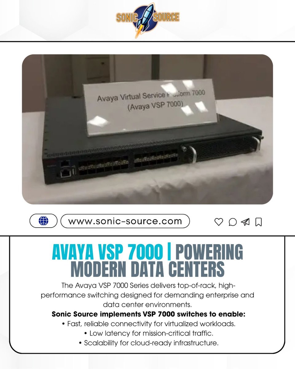 SourceSoni25436's tweet image. Data centers demand speed and reliability — and Avaya VSP 7000 delivers both.
 Sonic Source integrates these powerful switches to keep your network agile, resilient, and ready for growth.
 Because when every millisecond counts, stability is everything. 
.
.
.
.
#sonicsource