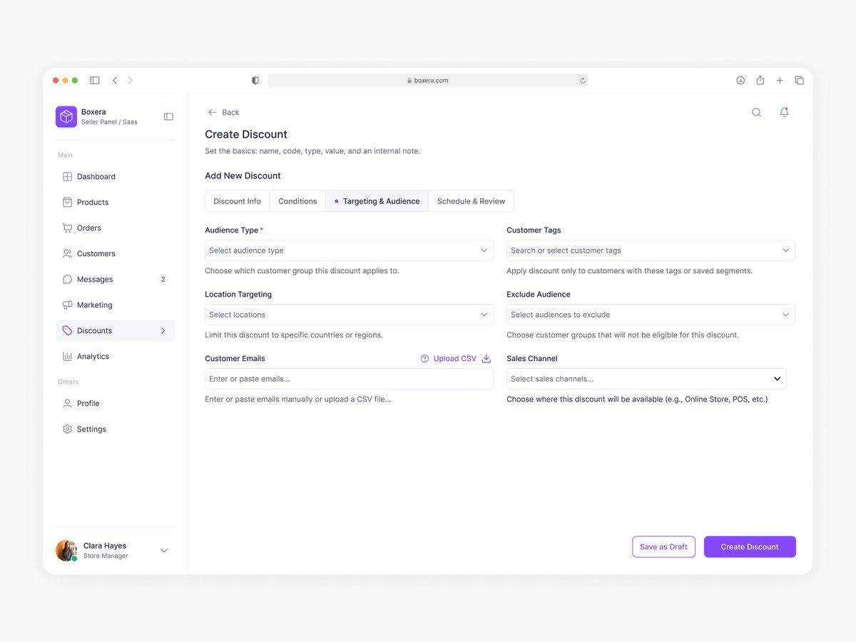 arnak_seyma's tweet photo. Create Discount – Targeting + Schedule ✅
Audience type, geo, tags, excludes, channels + CSV import. Start/End with timezone &amp; Set as Active toggle. Fast &amp; safe.
Dribbble: https://t.co/nophvTeWMU
#ux #ui #saas #ecommerce #forms #dashboard #productdesign https://t.co/0vmh5g2CoZ
