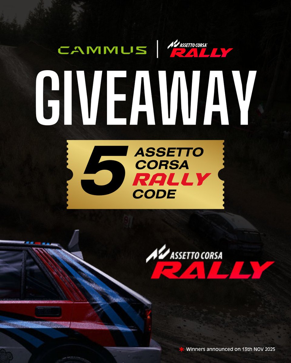 GIVEAWAY TIME!
We’ve teamed up with @AssettoCorsa to give 5 lucky racers an Assetto Corsa RALLY code🏁
How to enter:
(Check out at Instagram &amp; Facebook) 
Winners announced Nov 13, 2025 🏆
#SimRacing #AssettoCorsaRally #Giveaway #RacingGame #SimRacingSetup #Cammus