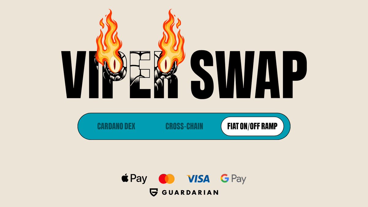 We’ve integrated with @Guardarian_com to bring you a seamless fiat on-ramp &amp; off-ramp viperswap.io🐍

Buy crypto with Visa, Mastercard, Apple Pay, Google Pay &amp; more — and cash out just as easily

⚠️Availability is regional specific (Payment &amp; Payout methods)

$VIPER