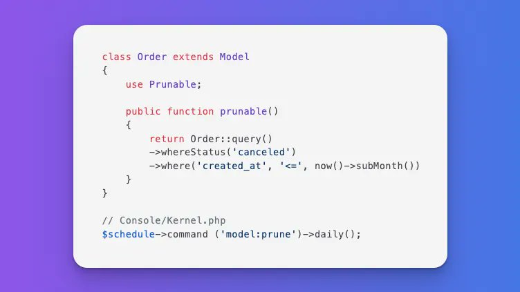 laravelbackpack's tweet image. #Laravel Tip

If you want to automatically delete old entries, you can use the Prunable Trait. No need to write custom commands: