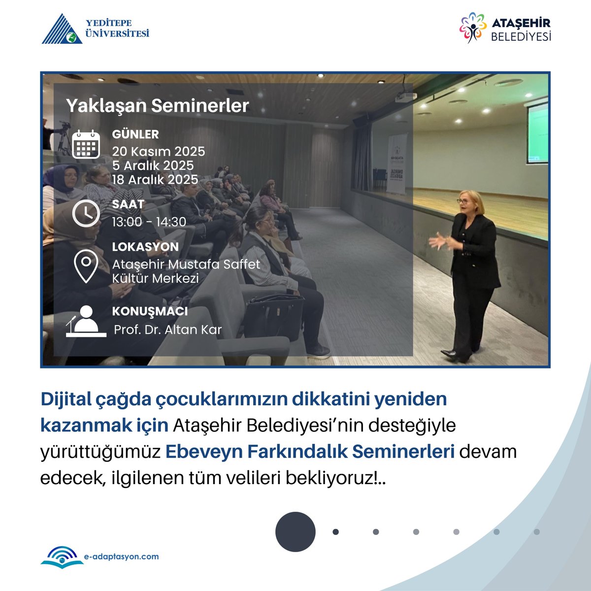 Dijital çağda çocuklarımızın ekran karşısında geçirdiği süre giderek artıyor…
Yeditepe Üniversitesi olarak, Ataşehir Belediyesi desteğiyle yürüttüğümüz SETAP projesi kapsamında, ebeveynlerle bir araya gelerek bu konuda farkındalık oluşturuyoruz.