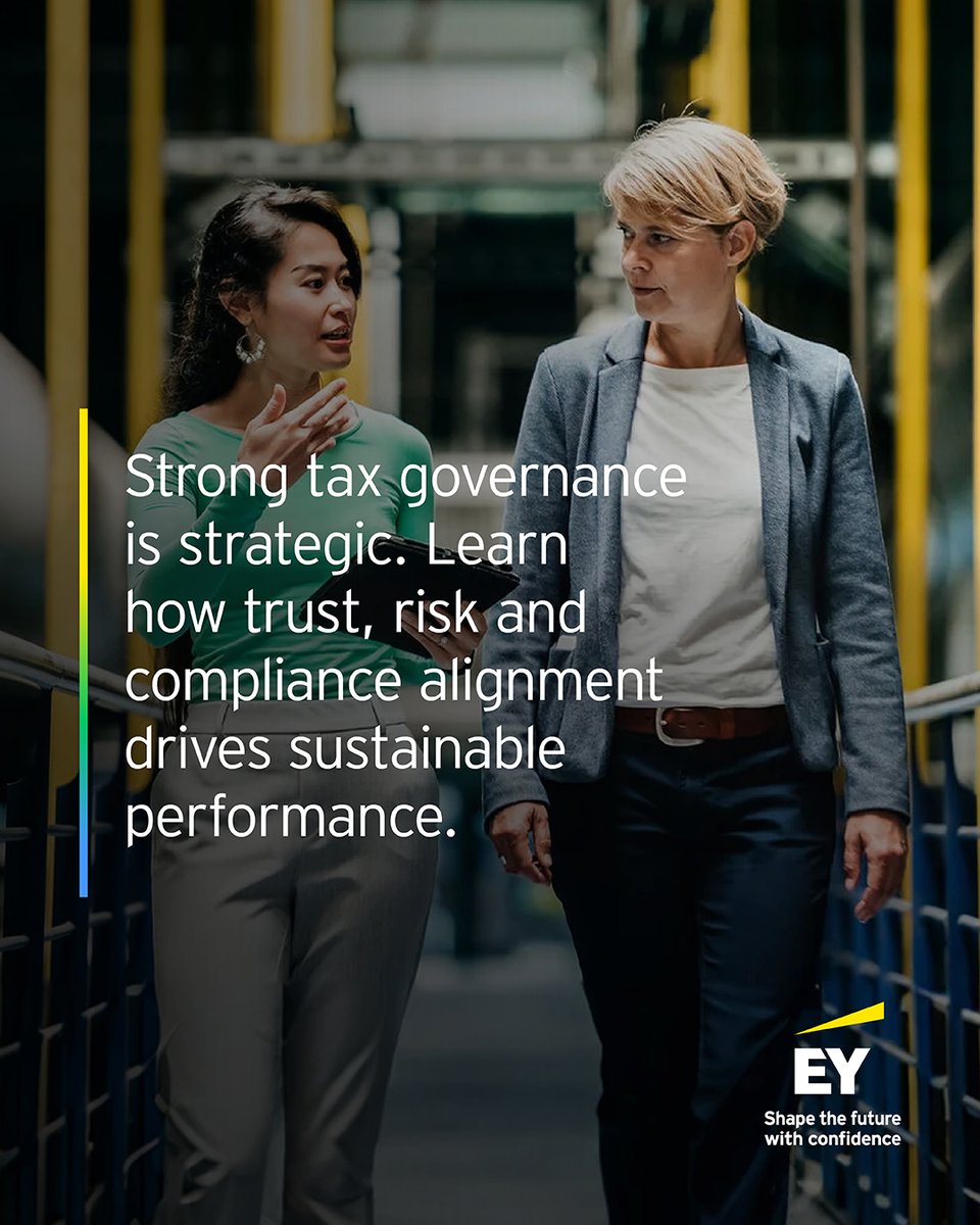 EY_Tax's tweet photo. Strong tax governance isn’t just about compliance — it’s about trust, resilience &amp; transparency. 
Learn how aligning trust, risk &amp; compliance drives sustainable success. 

Read more: https://t.co/xlo3OX28Q2

#FutureOfTax https://t.co/woRcQgnAMm