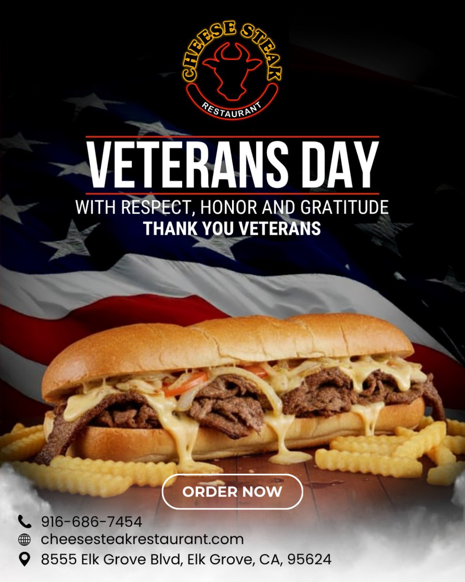 CheeseSteakRest's tweet photo. 𝐕𝐞𝐭𝐞𝐫𝐚𝐧𝐬 𝐃𝐚𝐲 - 𝐖𝐢𝐭𝐡 𝐑𝐞𝐬𝐩𝐞𝐜𝐭, 𝐇𝐨𝐧𝐨𝐮𝐫, 𝐚𝐧𝐝 𝐆𝐫𝐚𝐭𝐢𝐭𝐮𝐝𝐞

⚠ Cannot be combined with coupons or other offers.
📍 8555 Elk Grove Blvd
📞 (𝟗𝟏𝟔) 𝟔𝟖𝟔-𝟕𝟒𝟓𝟒
Dine-in • Takeout • Delivery

#VeteransDay #CheeseSteakElkGrove #SupportOurVeterans https://t.co/NFhSPjA1iZ