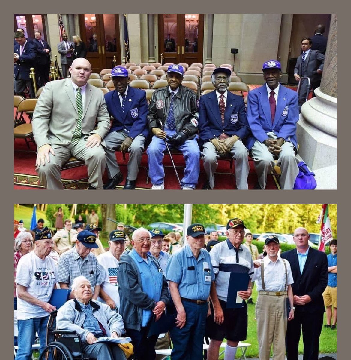 Over the years I’ve had the opportunity to meet many of the brave WWII Veterans who saved the world from facism, nazism and totalitarianism. The top picture is in Albany with four of the legendary Tuskegee Airmen. The bottom picture is with WWII vets from Dutchess County.