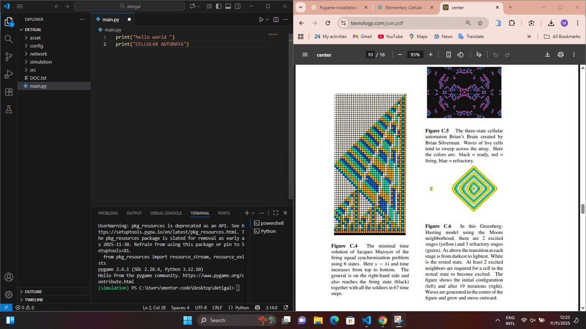 kenmentorc97179's tweet image. Day 3 of my ecosystem simulation project.
Switched to Python first to test ideas before going full C++.
Setting up visuals with Pygame + NumPy for the math.
Just started Cellular Automata: A Discrete view... mind-blowing stuff.
#programer